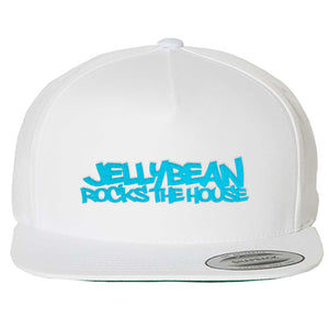 Jellybean Rocks The House Baseball Cap - White with Neon Blue Embroidery