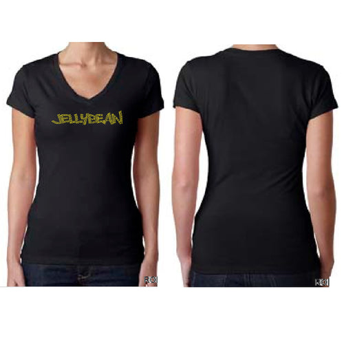 Jellybean Bedazzled V Neck Fitted T-Shirt - Black with Gold