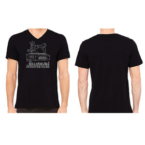 Jellybean Rocks The House / Bedrock Turntable Unisex V Neck T-Shirt - Black with Silver Foil