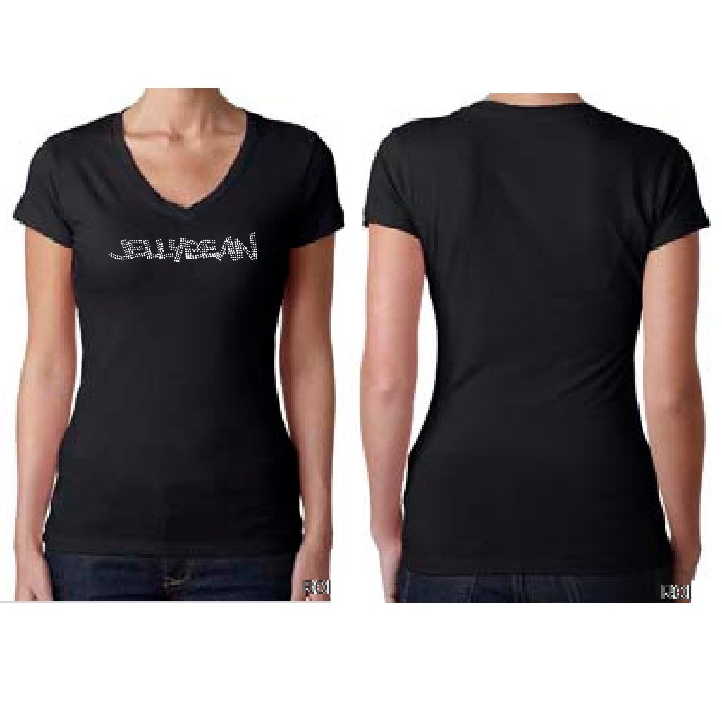 ★TWICE着用BRAND★LUV IS TRUE★VS SEA BEADS TEE Jellybean Bedazzled V Neck Fitted T-Shirt - Black with