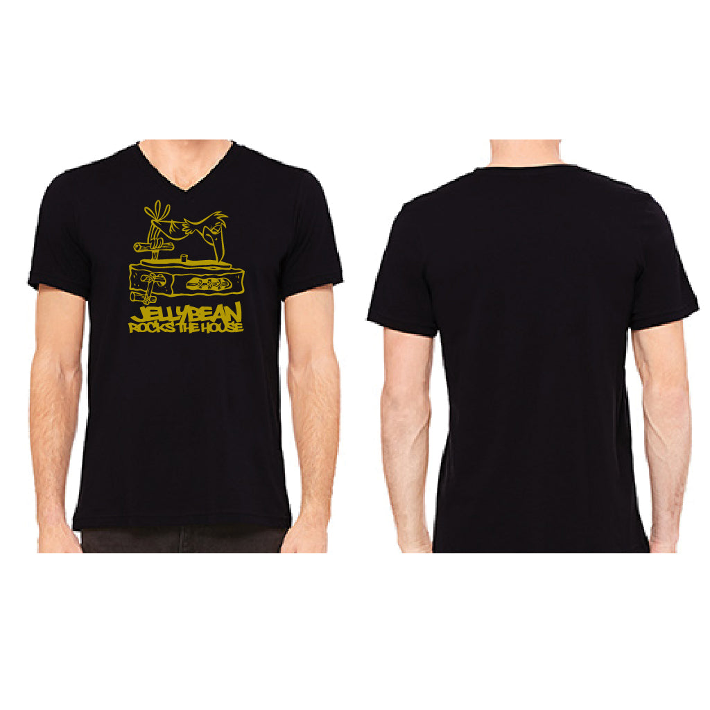 Jellybean Rocks The House / Bedrock Turntable Unisex V Neck T-Shirt - Black with Gold Foil