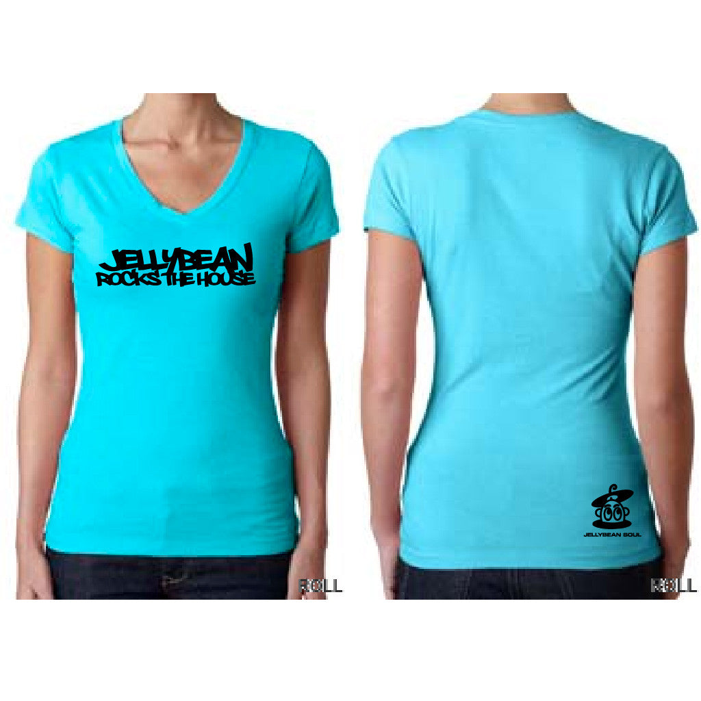 Jellybean Rocks The House Fitted V Neck T-Shirt - Tahiti Blue with Black